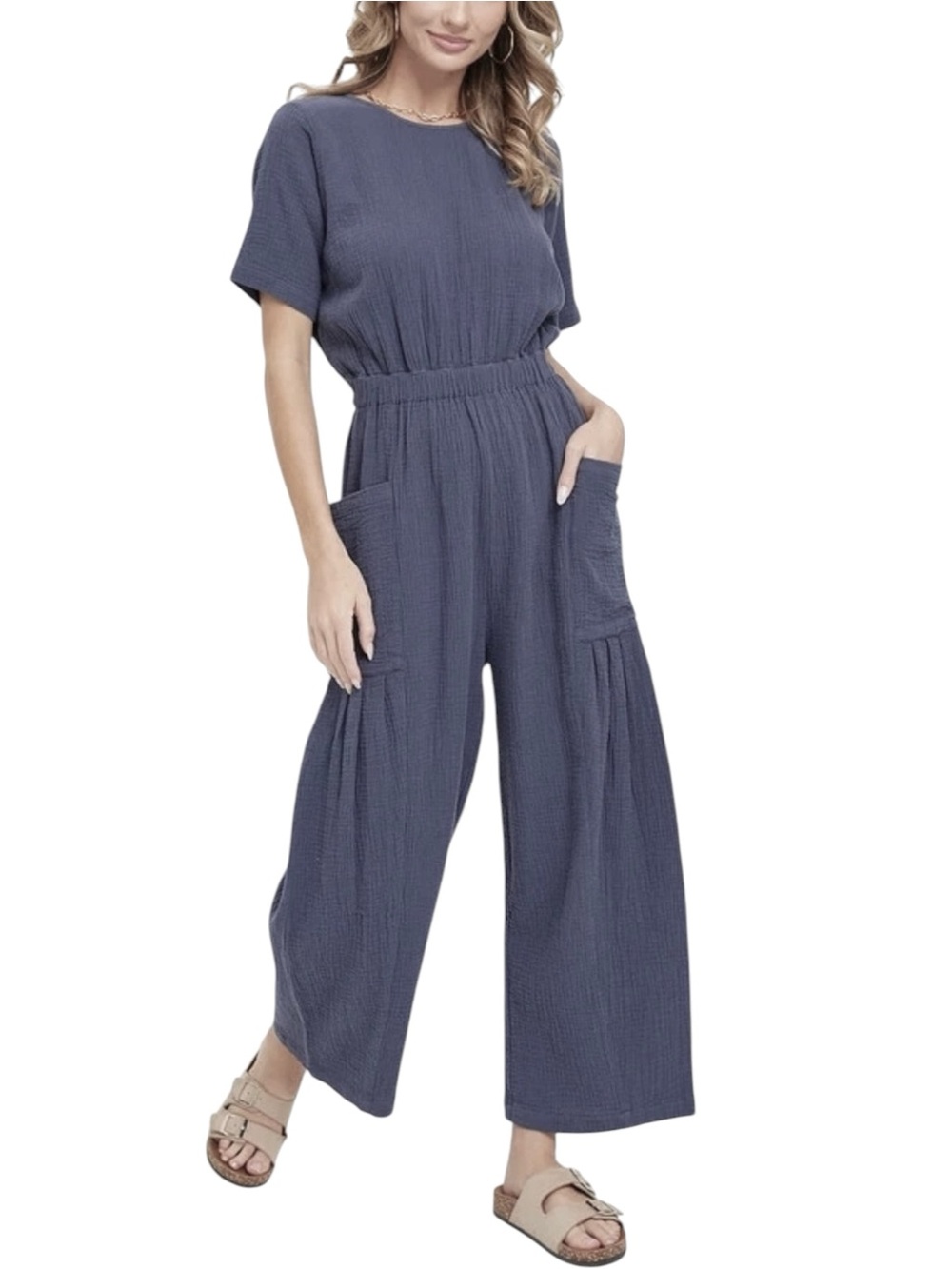 Smoky Blue Linen Blend Gauze Wide Leg Jumpsuit w/ Deep Side Pockets - Medium